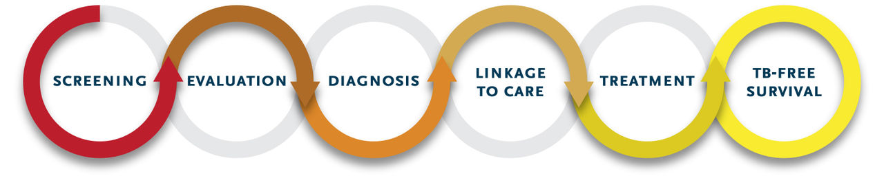TB care cascade: Six circles with the terms screening, evaluation, diagnosis, linkage to care, treatment, and tuberculosis-free survival