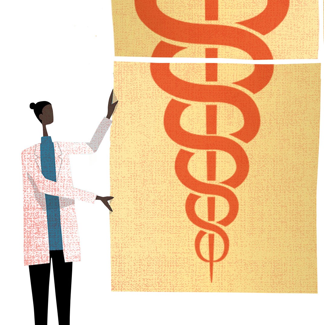 Nurse in a white coat holding sign with bottom of caduceus