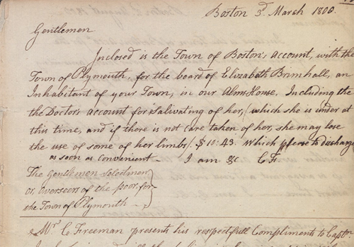 Record of Letters Sent by Constant Freeman of the Boston Overseers of the Poor to Various Towns. Boston, MA, 1799-1801. #1112