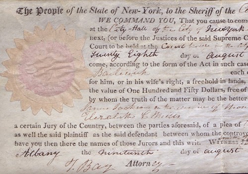 Writ of Venire Facias for the Assembly of a Jury of Twelve Free and Lawful Men. Albany, NY, 1816. #0906.