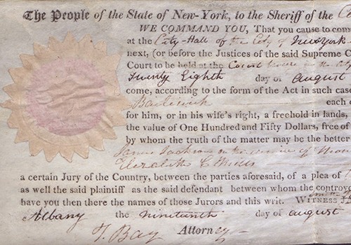 Writ of Venire Facias for the Assembly of a Jury of Twelve Free and Lawful Men. Albany, NY, 1816. #0906.