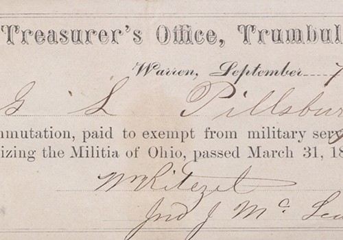 Receipt for Commutation Payment for Exemption from the Ohio Militia. Warren, OH, 1865. #1120