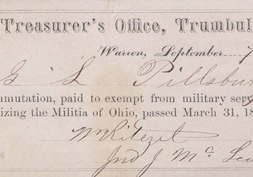 Receipt for Commutation Payment for Exemption from the Ohio Militia. Warren, OH, 1865. #1120