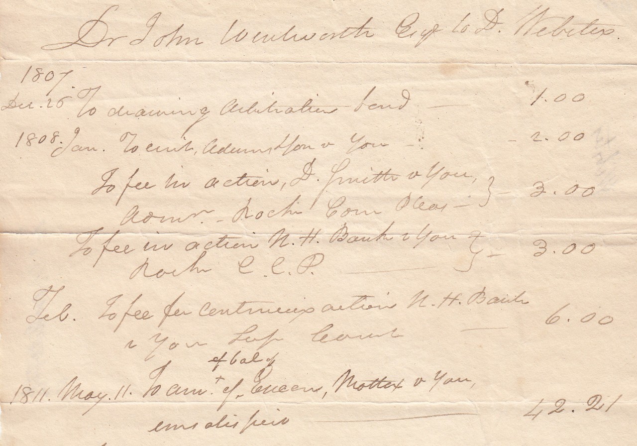 Statement of Account between John Wentworth and Daniel Webster. [Portsmouth, NH], 1807.