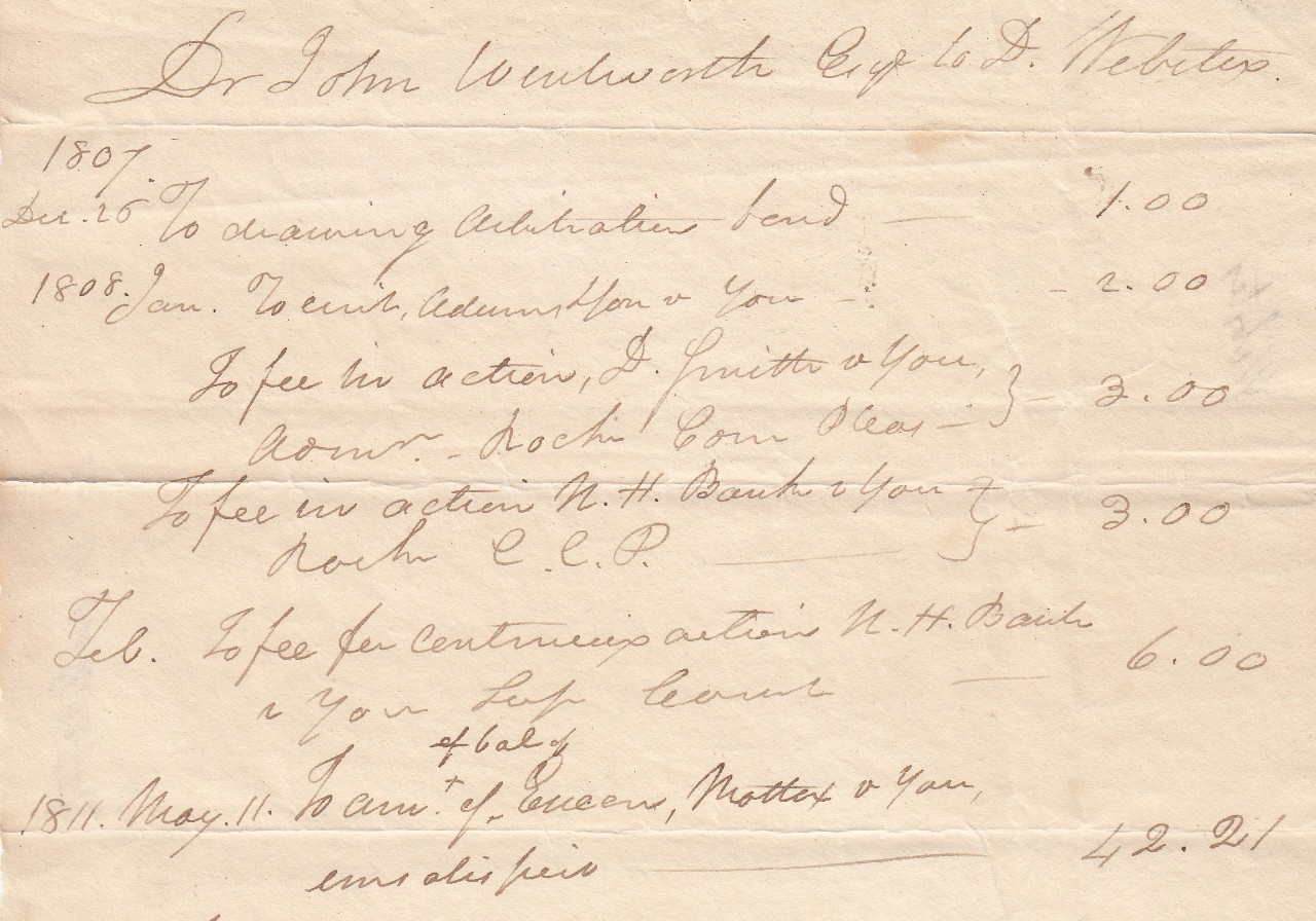 Statement of Account between John Wentworth and Daniel Webster. [Portsmouth, NH], 1807.