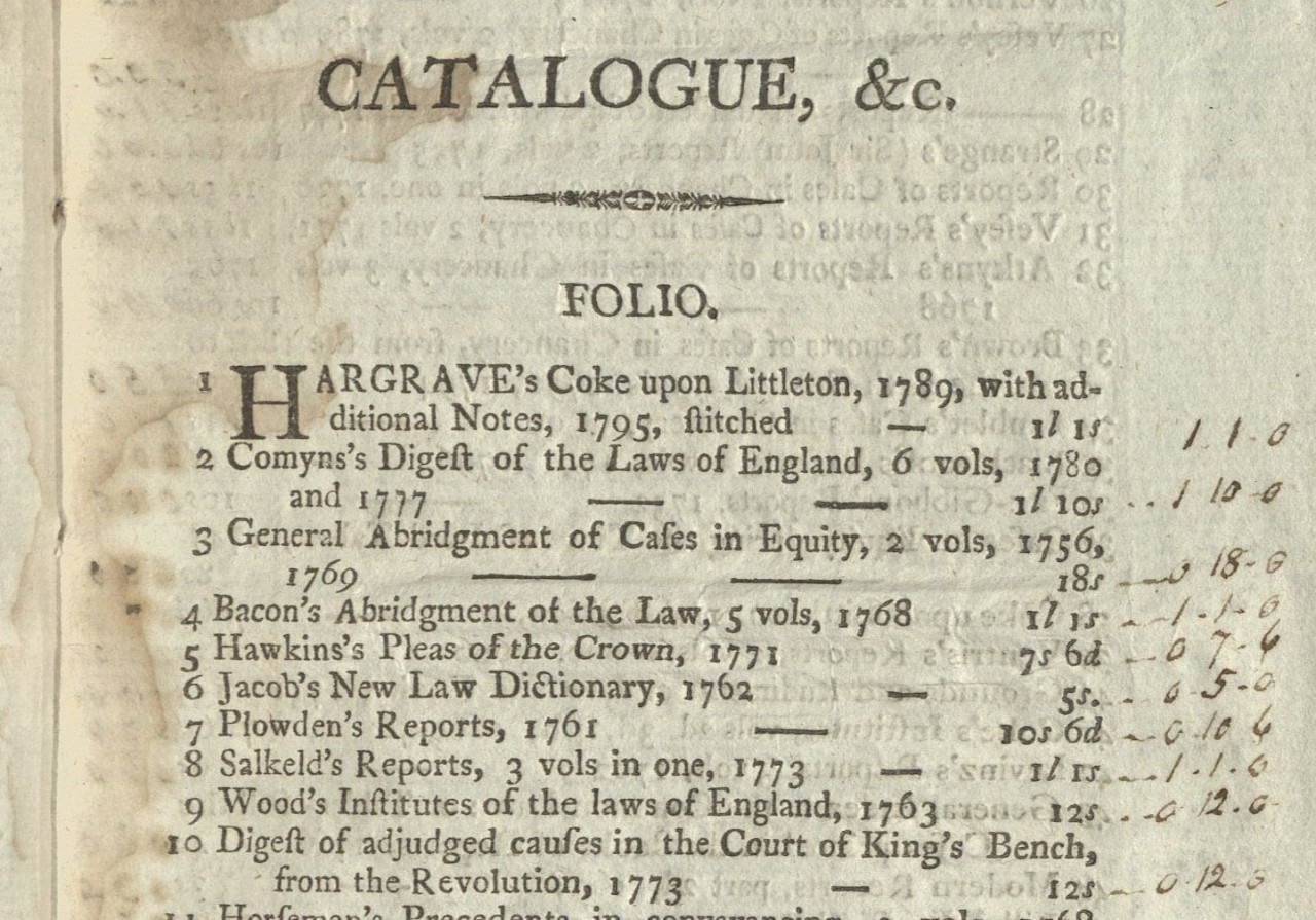 A Catalogue of the Library of the Late Charles Wren. Newcastle, 1799.