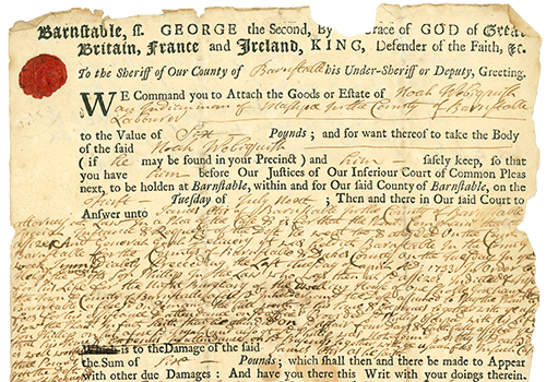 Writ of Attachment for Noah Webquish in Action Brought by James Otis. Barnstable, MA, 1733.