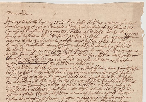 Jesse Harding Recognizance about Killing the Indian. Eastham, Mass., 1723.