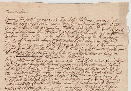 Jesse Harding Recognizance about Killing the Indian. Eastham, Mass., 1723.