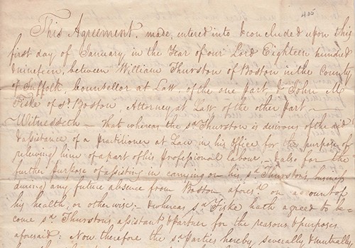 Agreement between William Thurston and John M. Fiske. [Boston], 1819-1821.
