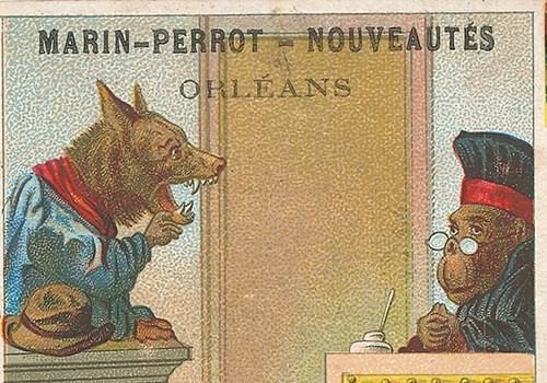 [Trade card for Marin-Perrot department store]. Orléans, France. Illustrator and date unknown.