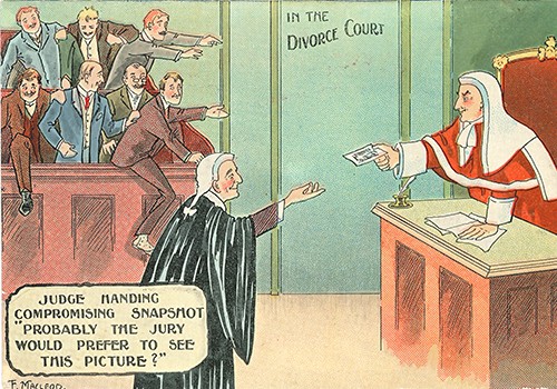 “In the Divorce Court”. Illustrator: F. Macleod; trademark HGL; U.K. Circa 1920.