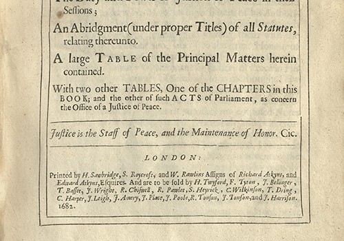 Michael Dalton, The Countrey Justice. London: Printed by H. Sawbridge, S. Roycroft, and W. Rawlins . . . 1682.