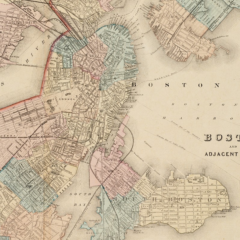 Section of a mid-1800s map of downtown Boston.