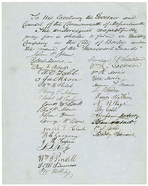 Petition to form the Massasoit Guards, signed by Robert Morris and others