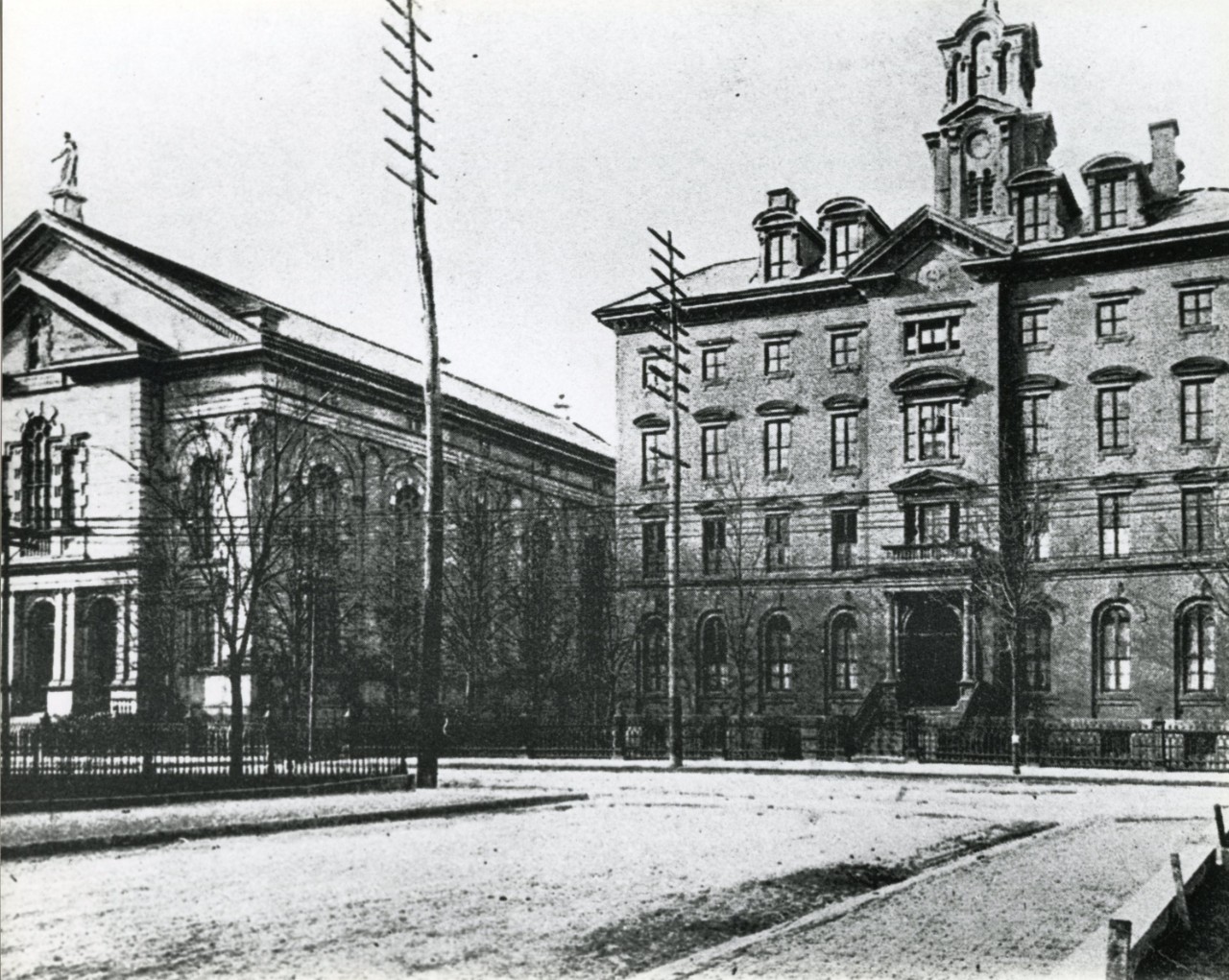 Exterior of the Church of the Immaculate Conception (left) and the Boston College South End campus (right).