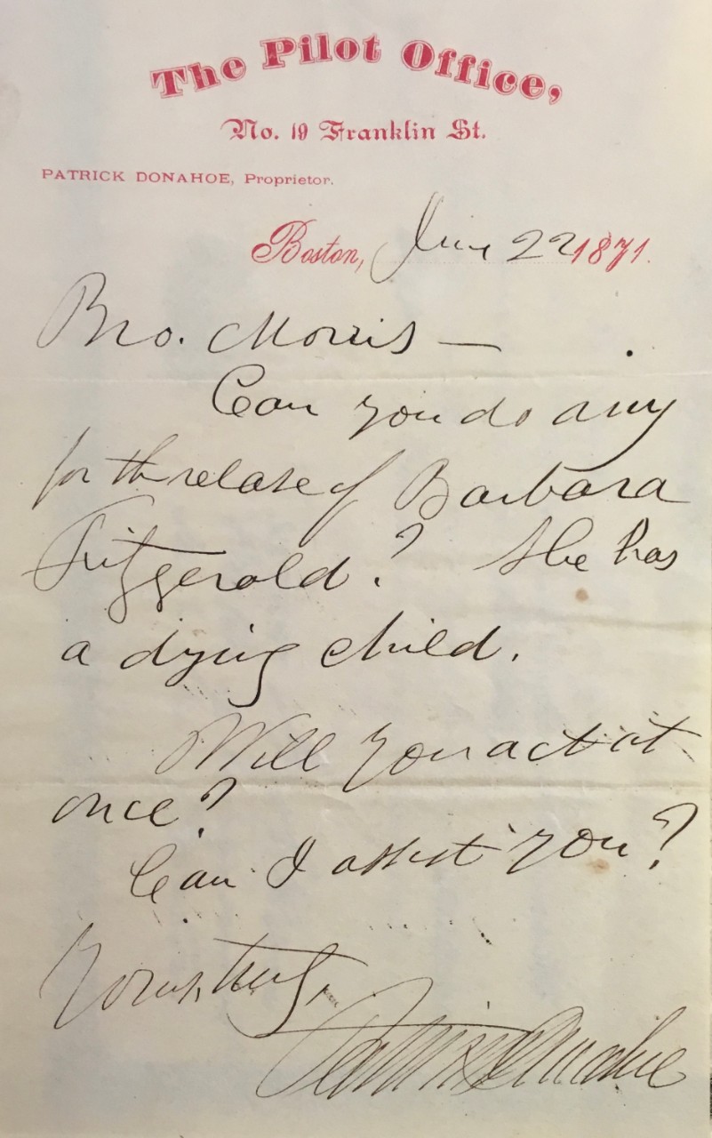 A handwritten note on stationary from The Pilot, written to Morris regarding Barbara Fitzgerald.