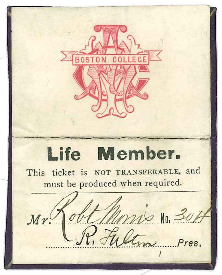 A YMCA membership card with the Boston College YMCA logo on one side, and Morris's signature on the other side under the text "Life Member: This ticket is NOT TRANSFERABLE, and must be produced when required."