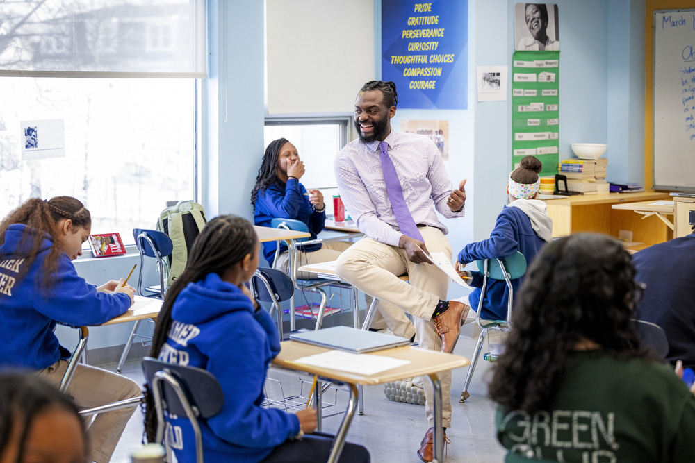 March 14, 2024 -- The Epiphany School in Dorchester, MA, a partnership school with Boston College's Lynch School of Education and Human Development. Steeve Joazard teaching a middle school class.