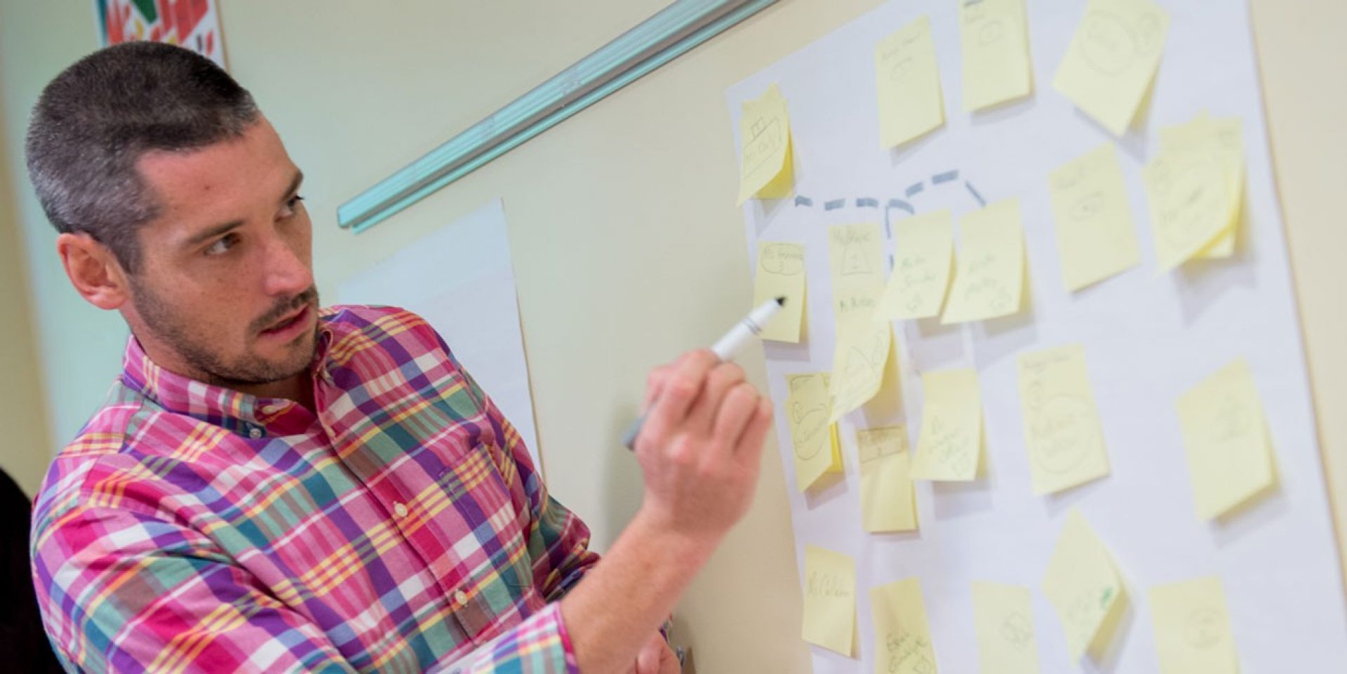 Man writing on yellow stickie notes affixed to a white board