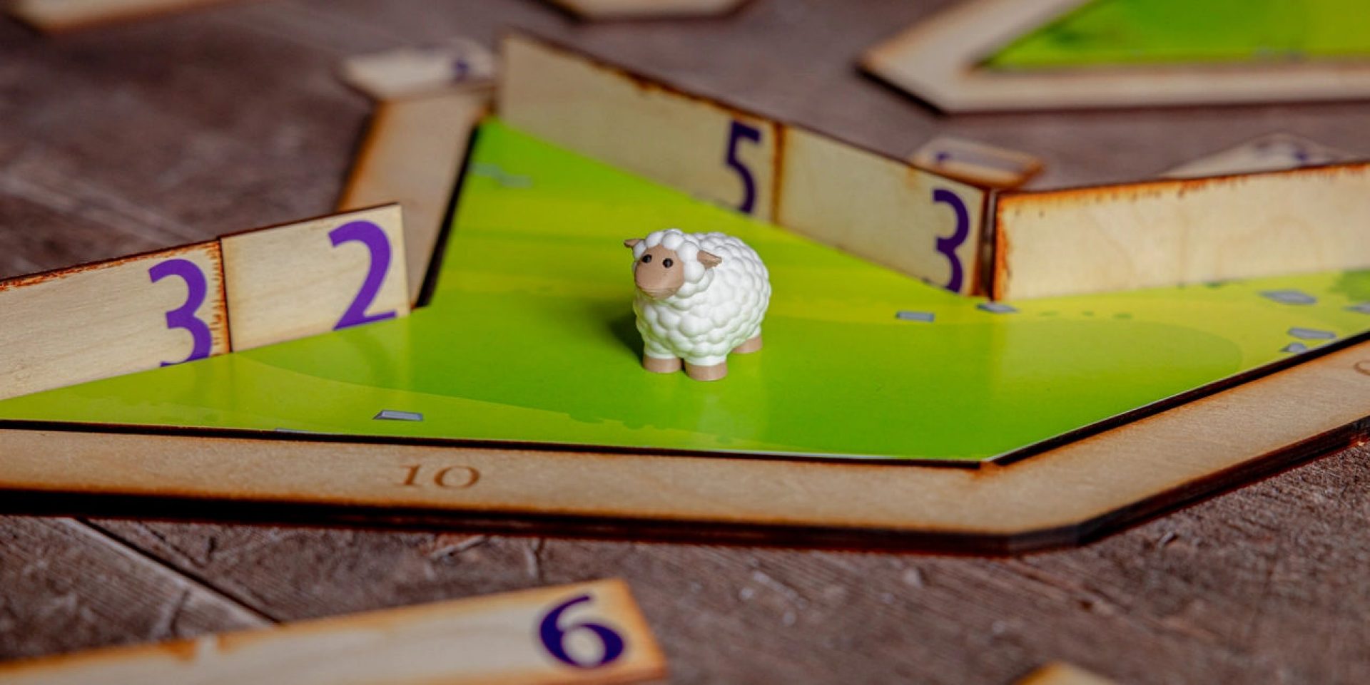 The math game Mind Your Pasture with a toy sheep on green grass board with fences with numerals