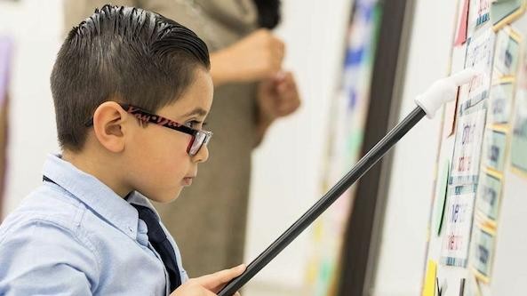 Student pointing to board with pointer