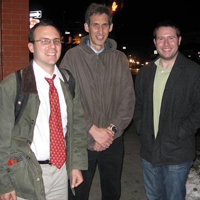 Dr. Lindsay celebrating his thesis defense with Prof. Broido and classmate Dr. Alistair Ward.