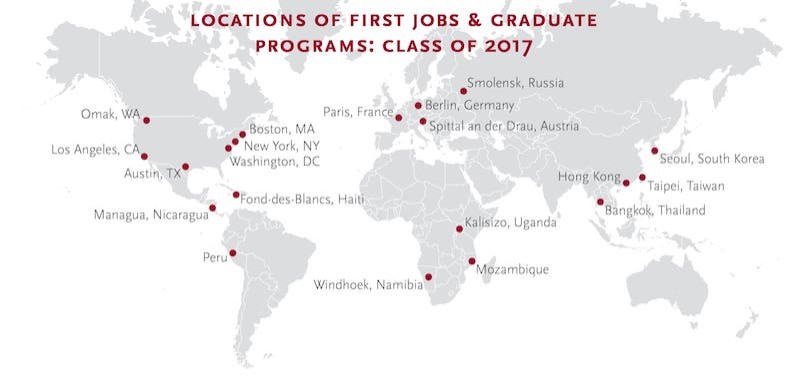 World map listing sites of recent graduate jobs, and statistics about IS Program students in service programs and fellowships after graduation.
