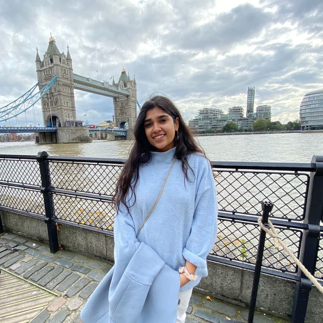 Ata Chowdhry '21 stands near the iconic Tower Bridge in London, England, where she studied abroad. Over 40,000 people use the Tower Bridge every day!