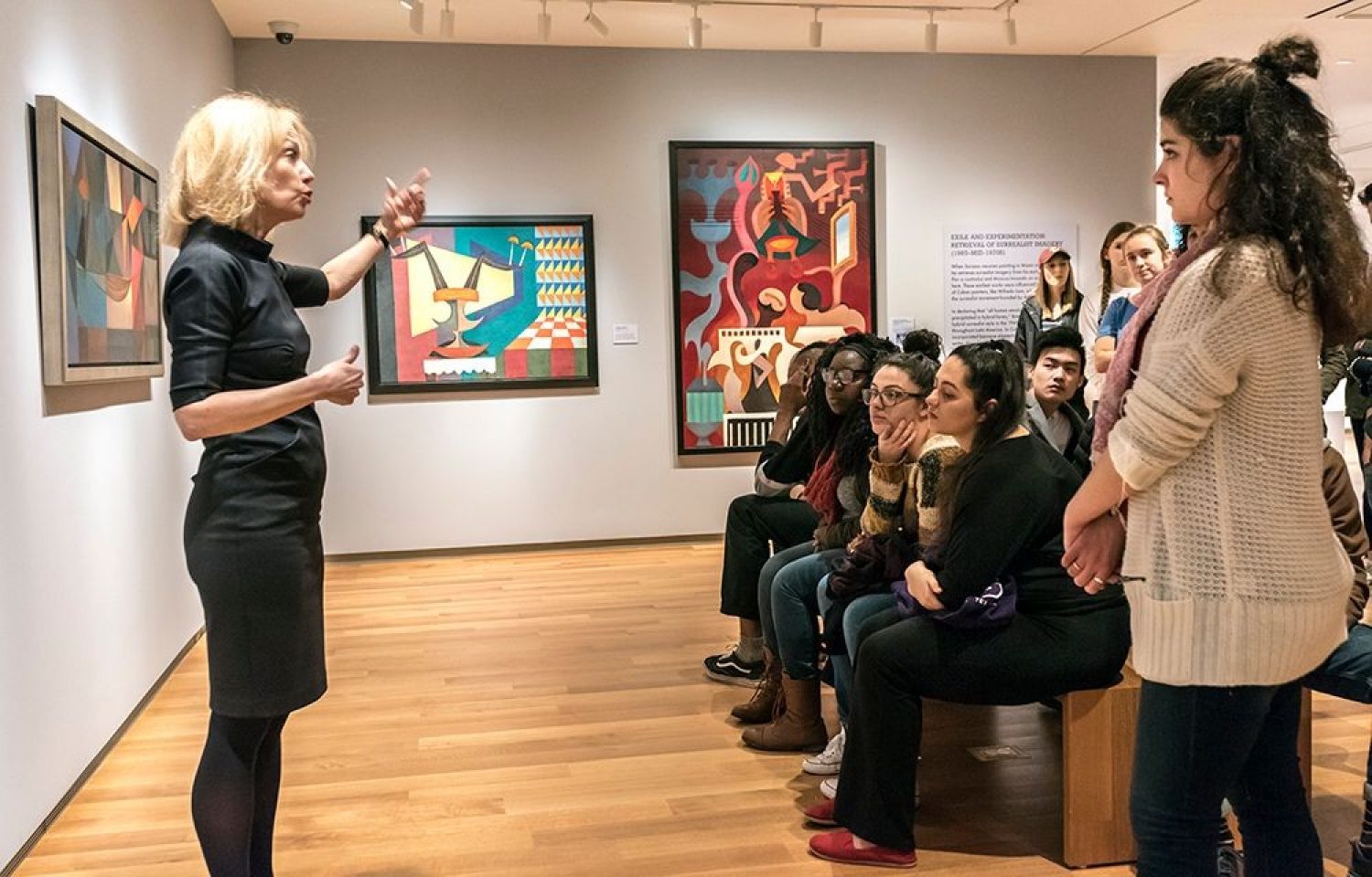 A lecturer speaking at the McMullen Museum of Art