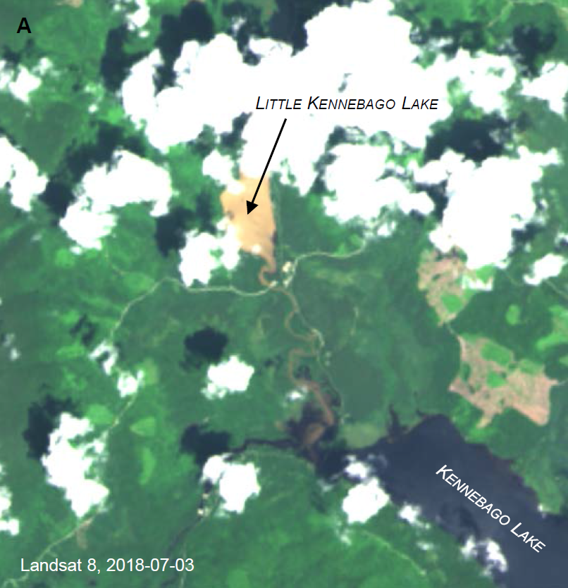 Photo of Landsat image of a sediment plume in Little Kennebago Lake, Maine on July 3, 2018