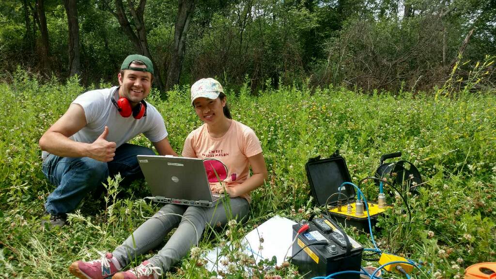 Siyu Liu and Marshall Pontrelli collect seismic data in Massachusetts