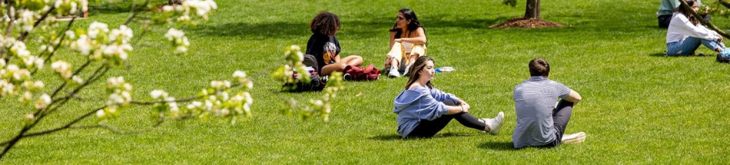 BC undergraduate conversing on the Stokes Lawn.