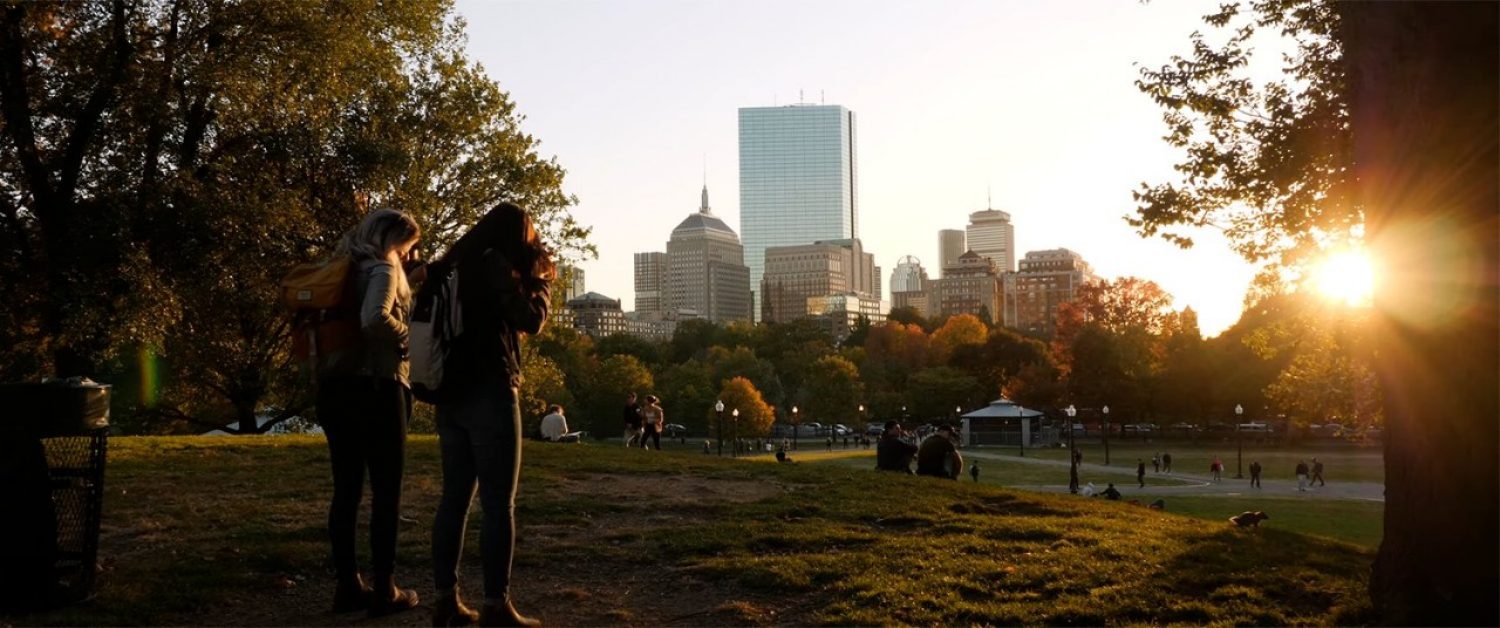 Boston's Public Garden at dusk in autumn.