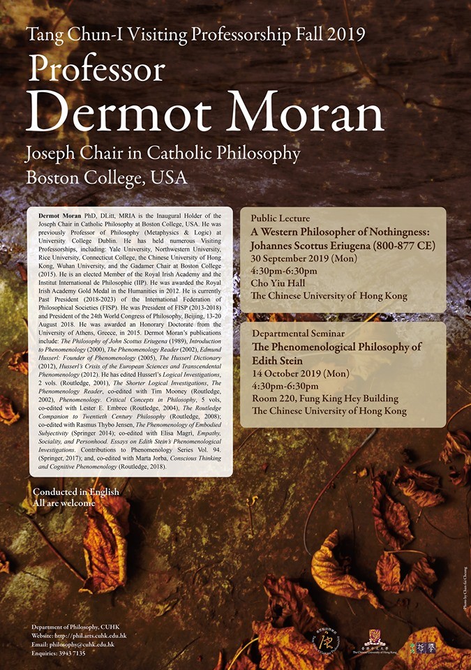 Photo of Dermot Moran, named Tang Chun-I Visiting Professor for Fall 2019 at the Chinese University of Hong Kong. 