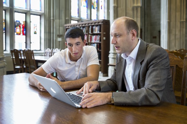 Photo of prof-john-laurence-w-student-bapst-081214CC002v1