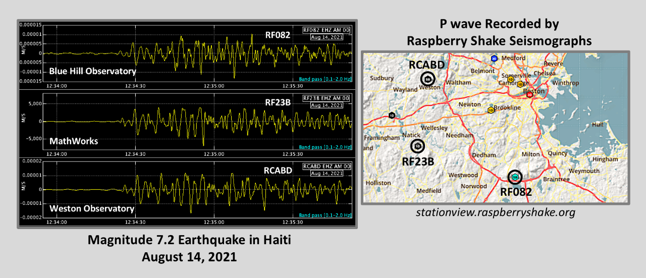 Photo of Haiti earthquake (8/14/21) at BH Observatory, MathWorks, & Weston Observatory