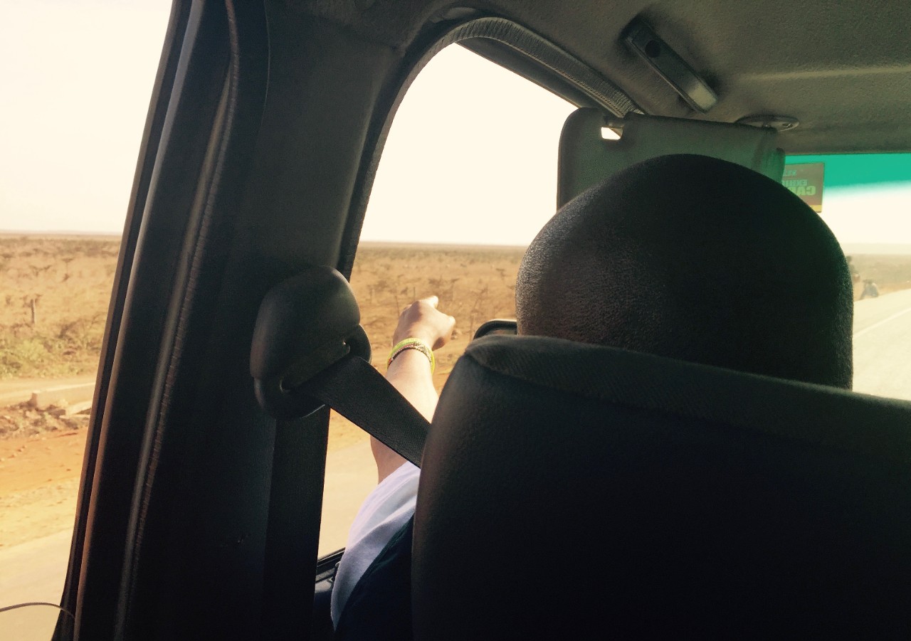 Passing the Nairobi National park on the drive back from Kitengela, pointing to the animals.