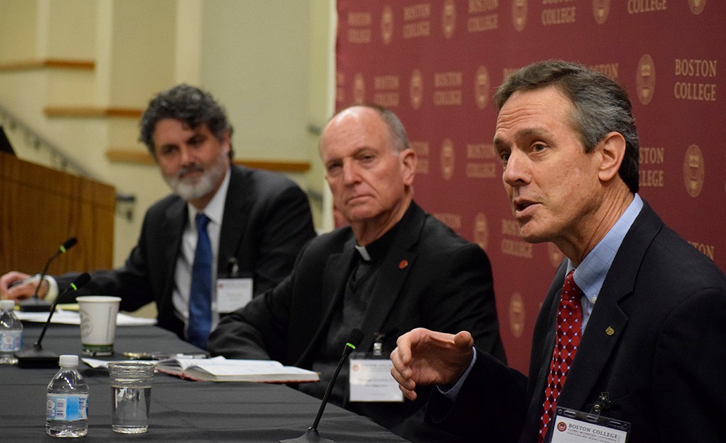 From left: BCSSW Assistant Dean Thomas Crea, Thomas H. Smolich, S.J., of Jesuit Refugee Service, and Sean Callahan of Catholic Relief Services