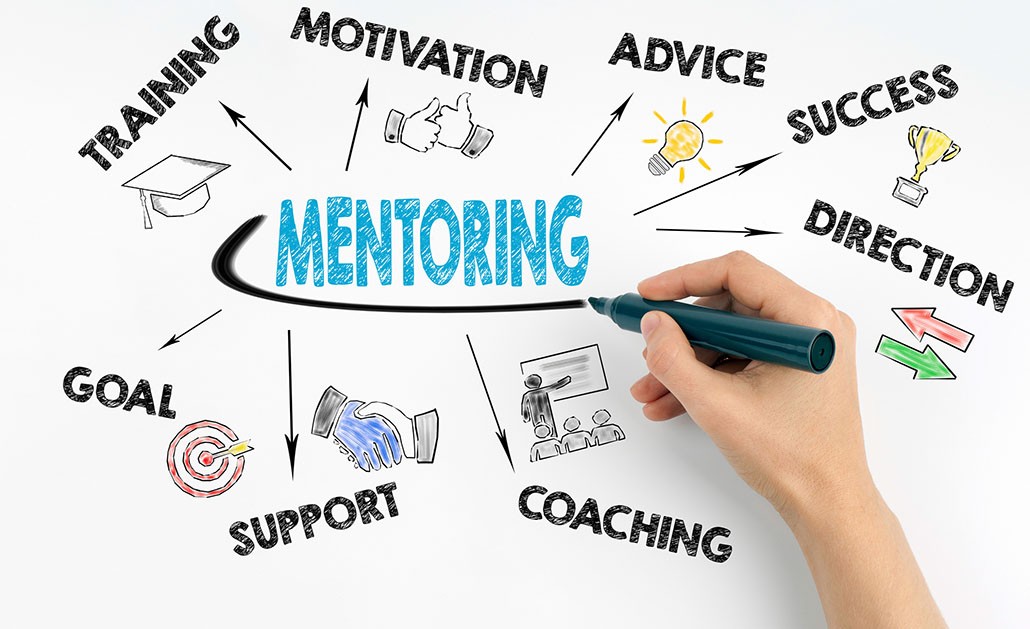 An illustration with the word "mentoring" in the center