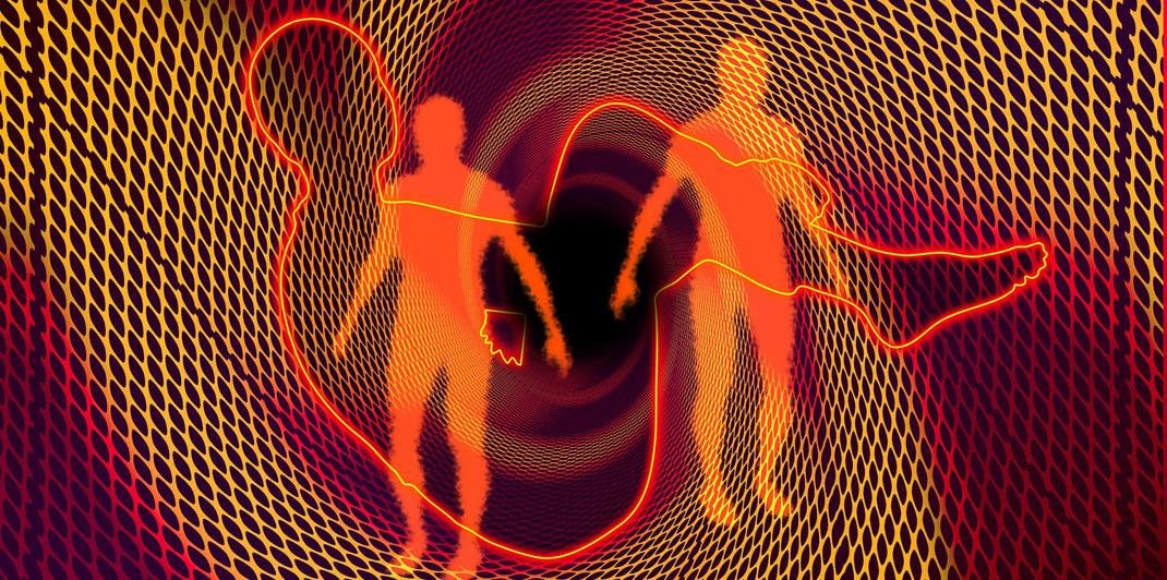 A graphic depicting two people against an orange and red background
