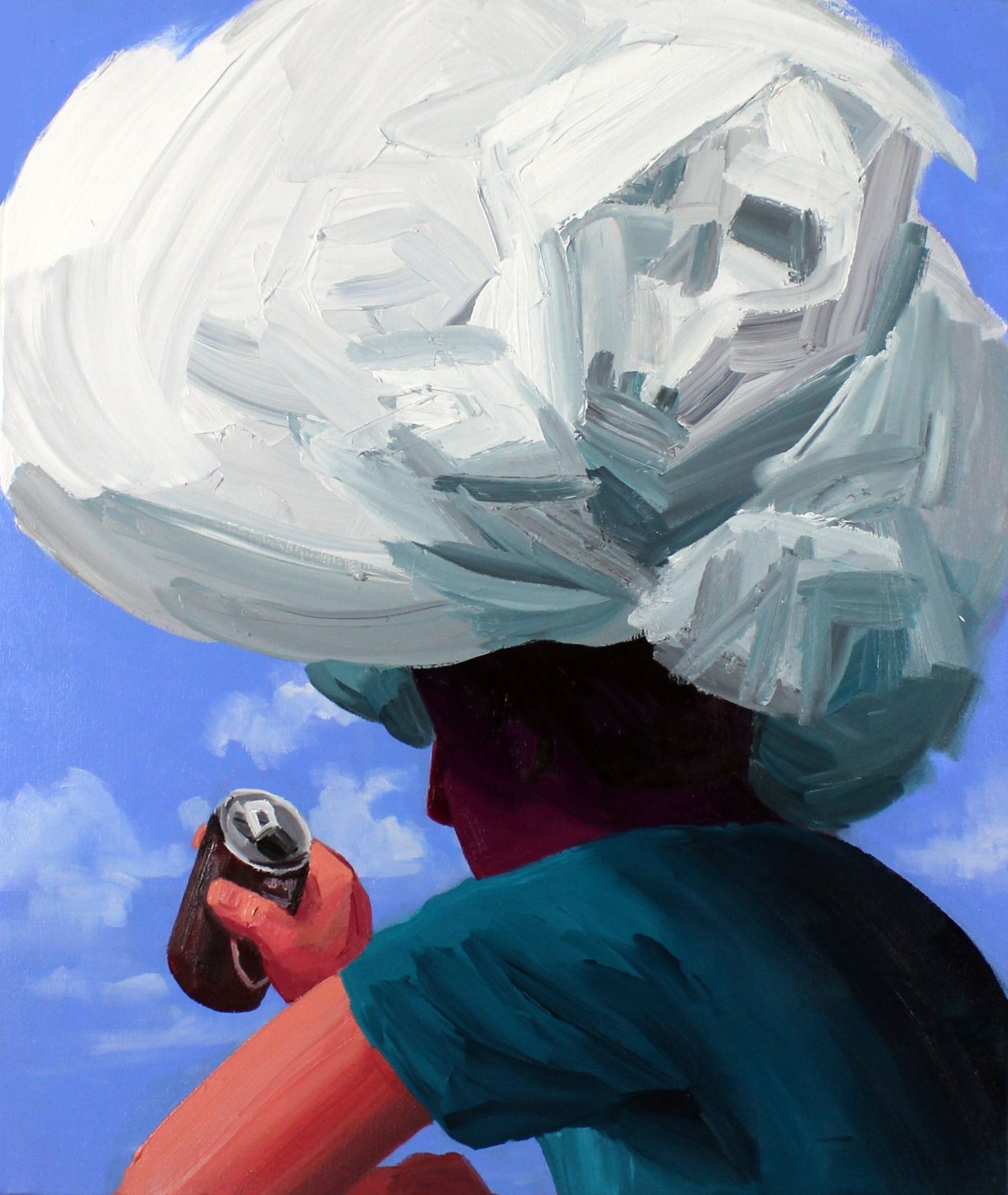 A young man grips a beer with a cloud sitting atop his head like a hat.