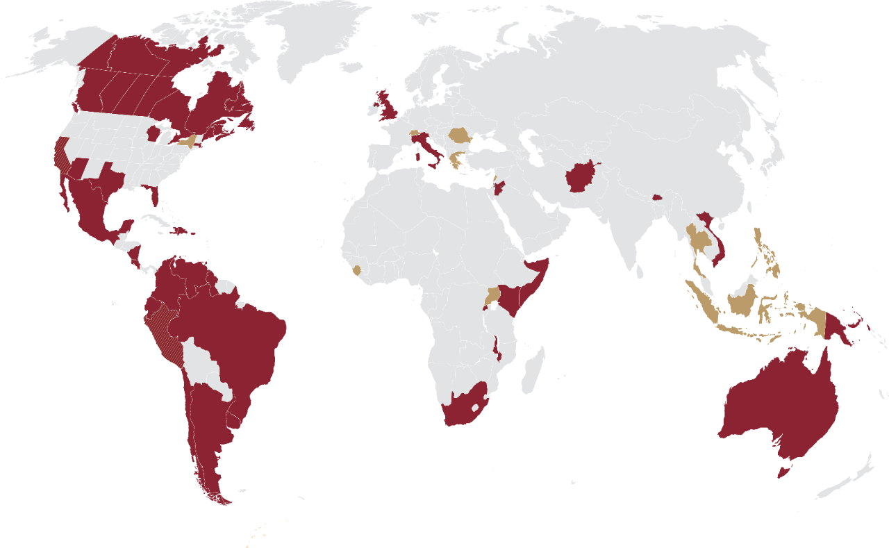 A map highlighting where BCSSW faculty and students are working to improve the lives of migrants