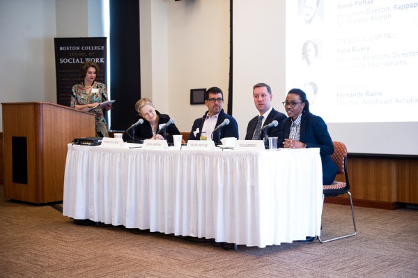 (From left) Professor Tiziana Dearing, and panelists Fernande Raine, Jesus Gerena, Steve Poftak, and Talia Rivera (photo courtesy Chris Soldt).