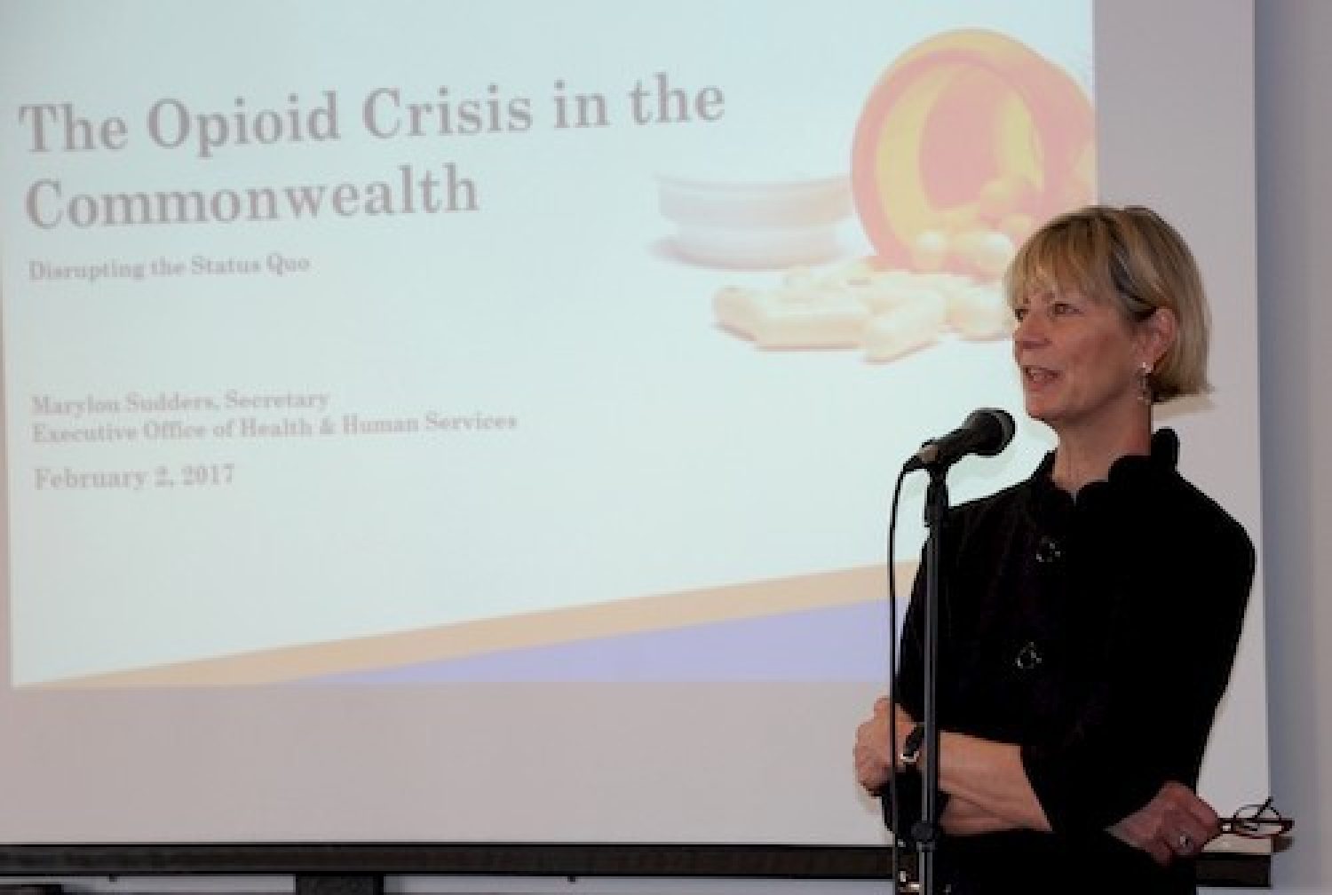 Marylou Sudders speaks to Boston College Social Work students, faculty, and staff on February 2, 2017.