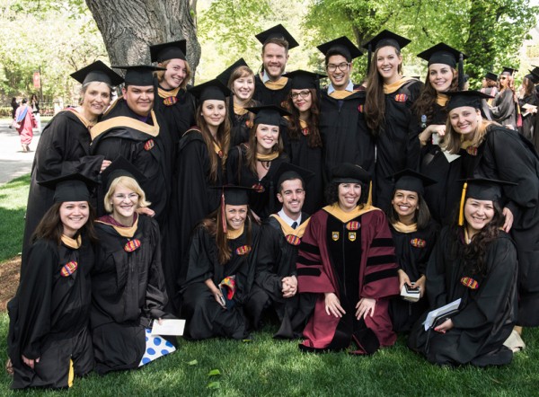 The inaugural cohort of the Latino Leadership Initiative, at Commencement 2015. Professor Calvo is in red.
