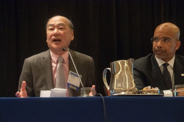 NIH panelists BC’s Takeuchi (left) and Northwestern University’s Clyde Yancy, the chief of the school’s Division of Cardiology.