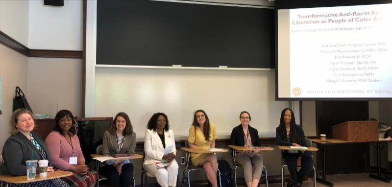 Photo of Dr. Margaret Lombe and doctoral students Melissa Bartholomew, Kim Hokanson, Cara Antonaccio, Sarah Neville, and Ngozi Enelamah, along with MSW student Abaigeal Doherty