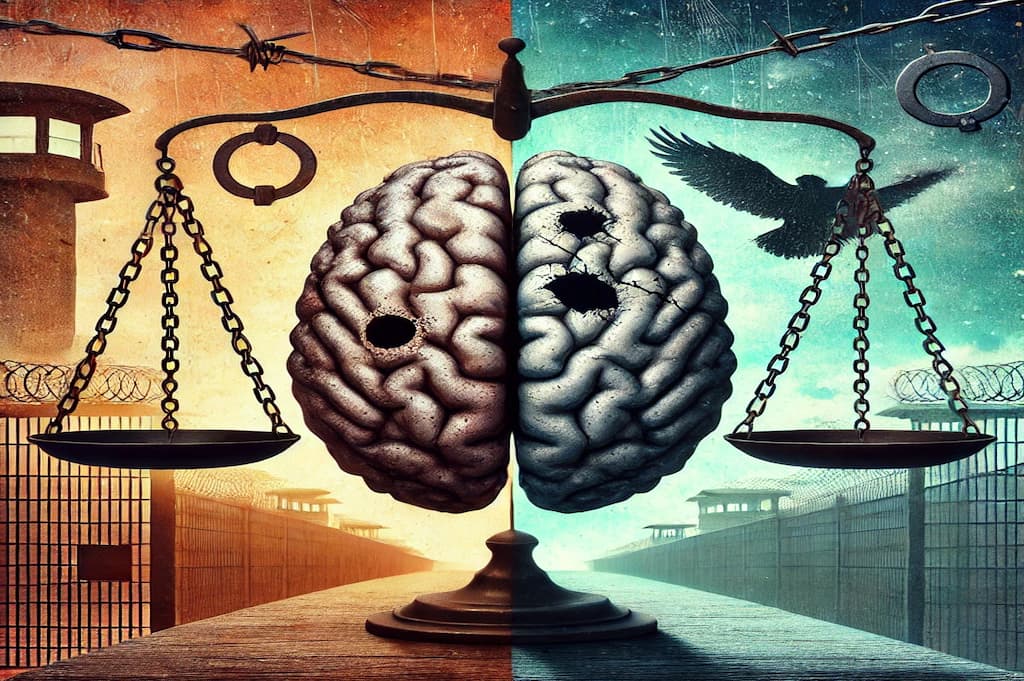 Brain with bullet holes and prison related imagery
