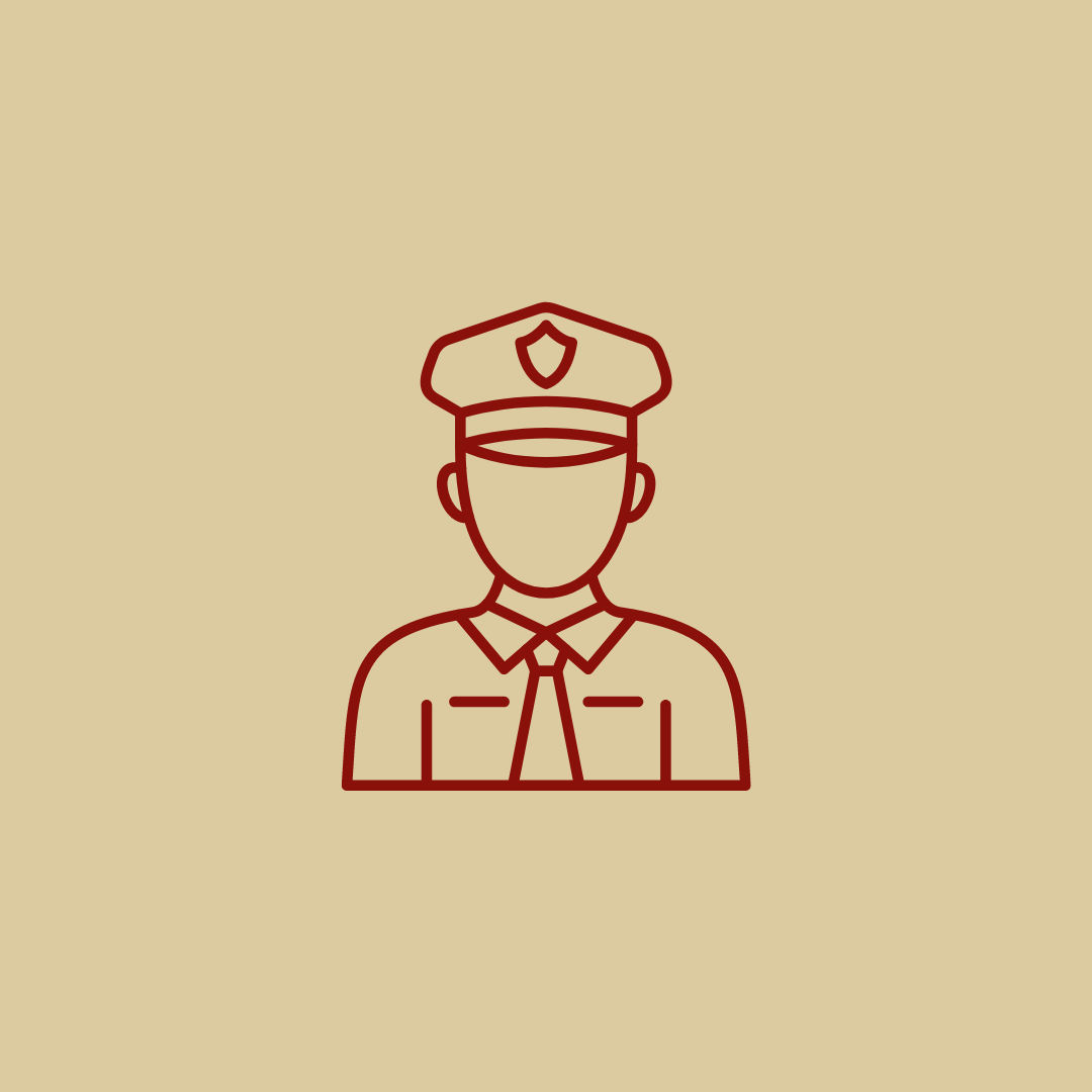 red background, gold police officer icon